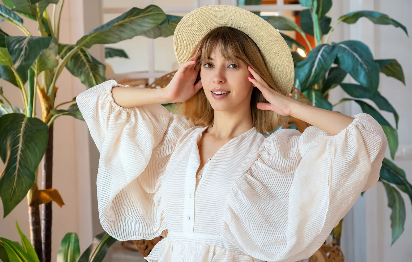 Photo wallpaper hot girl, sexy woman, plants, posing, white dress, Blonde Hair, cute girl, beautiful face