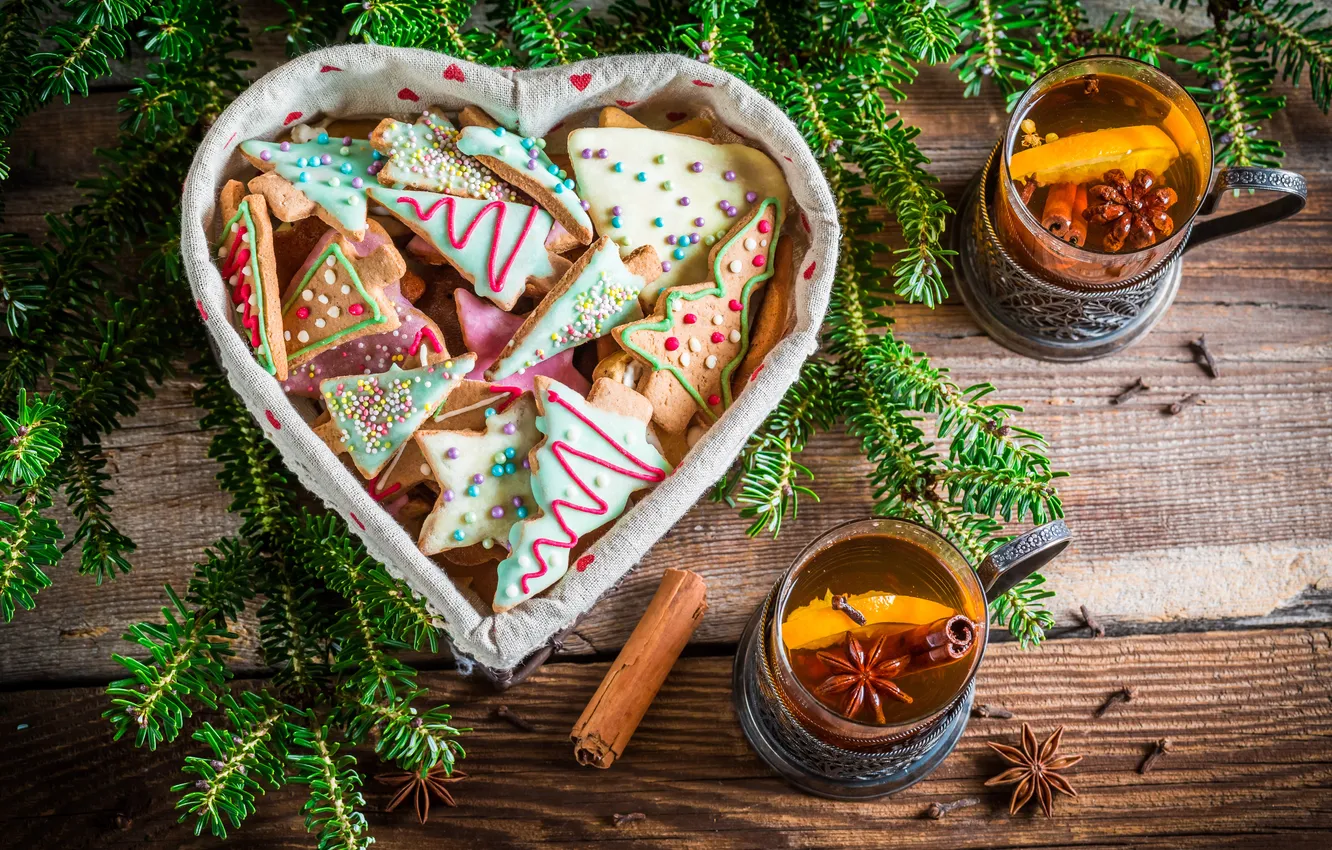 Photo wallpaper tea, tree, new year, cookies, cinnamon, Christmas, cakes, sweet