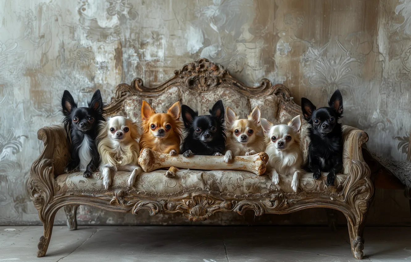 Photo wallpaper sofa, dog, bones, company, Chihuahua, neural network