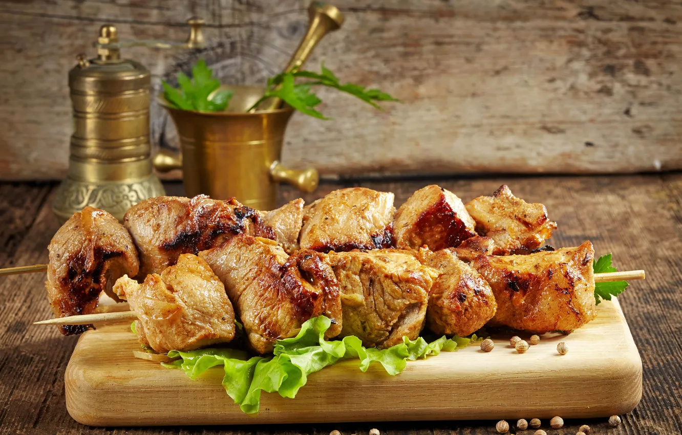 Photo wallpaper meat, Board, spices, kebabs