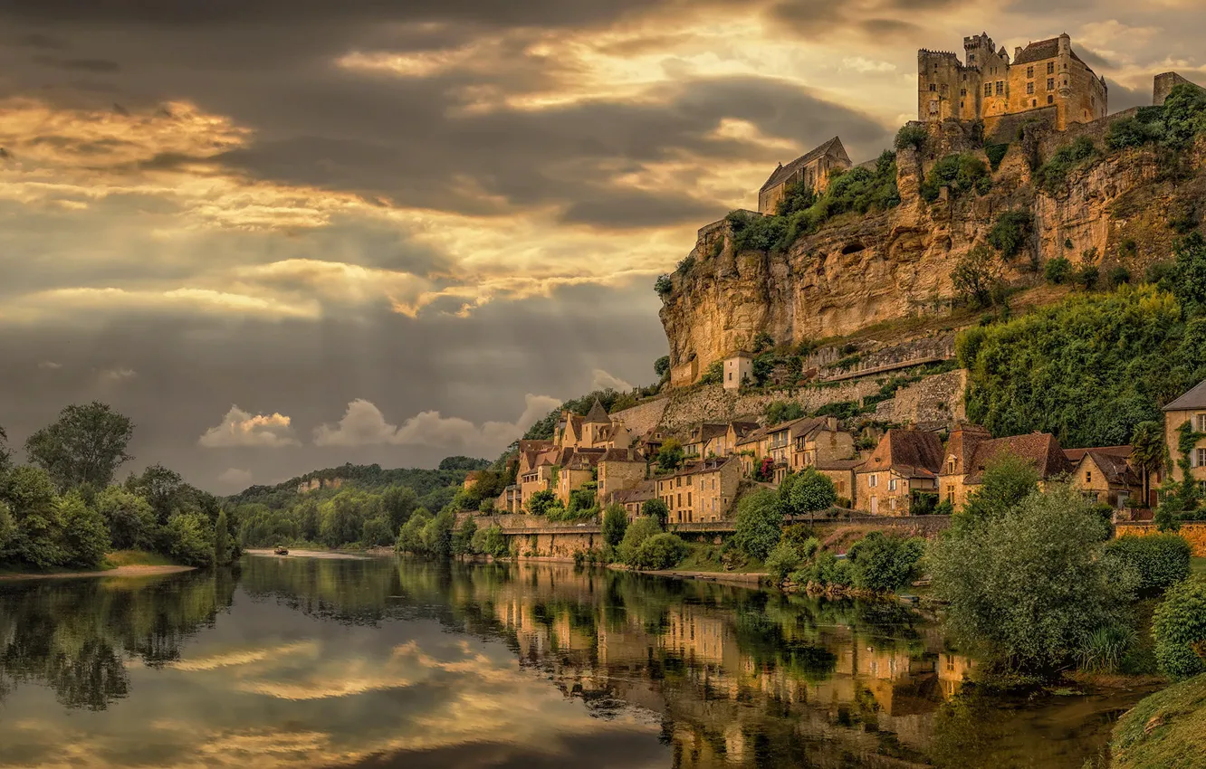 Photo wallpaper the sky, landscape, clouds, nature, rock, river, castle, France
