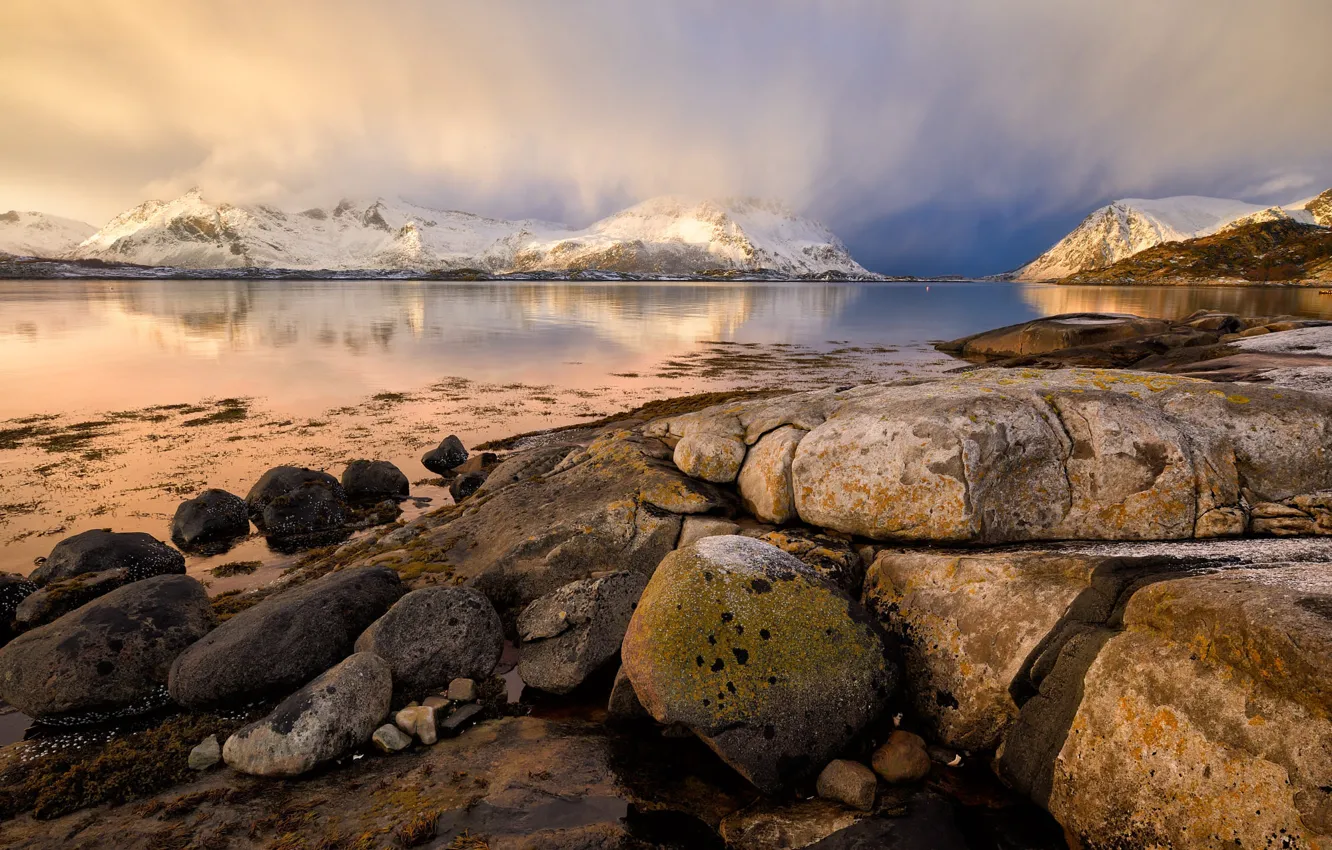 Photo wallpaper winter, clouds, snow, mountains, reflection, stones, shore, pond