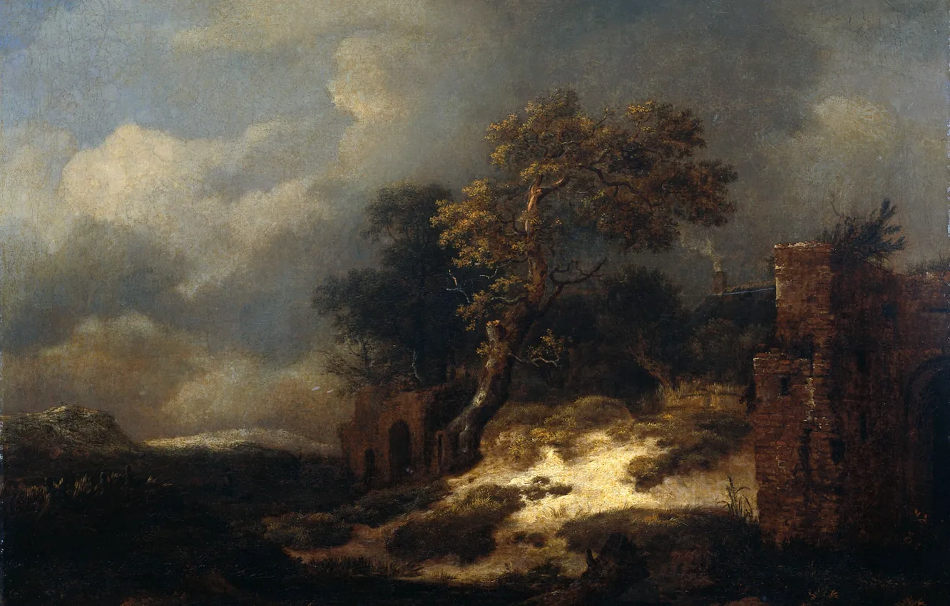 Photo wallpaper oil, picture, canvas, Landscape with Ruins, Jacob van Ruisdael