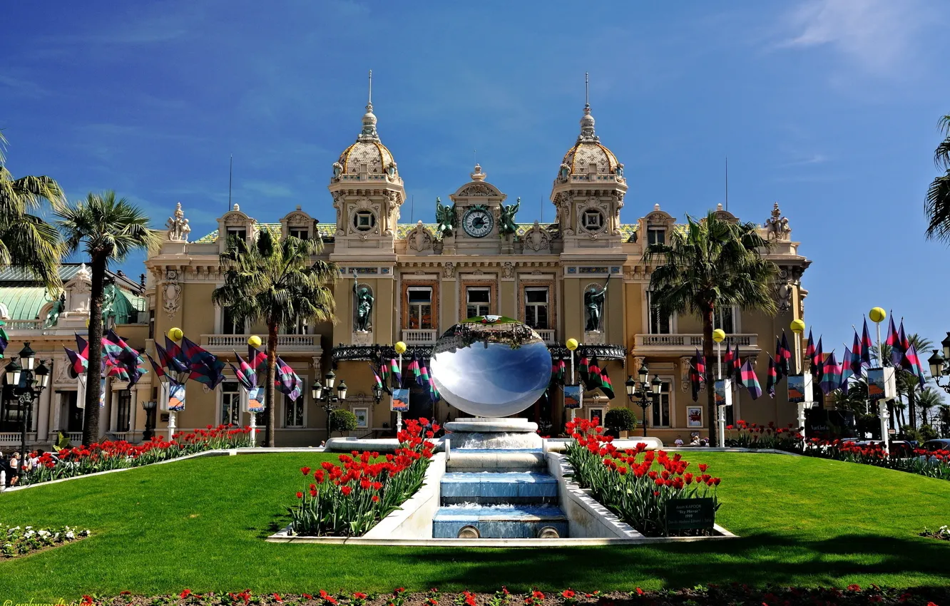 Photo wallpaper palm trees, Maki, mirror, fountain, sculpture, Monaco, casino, Palace