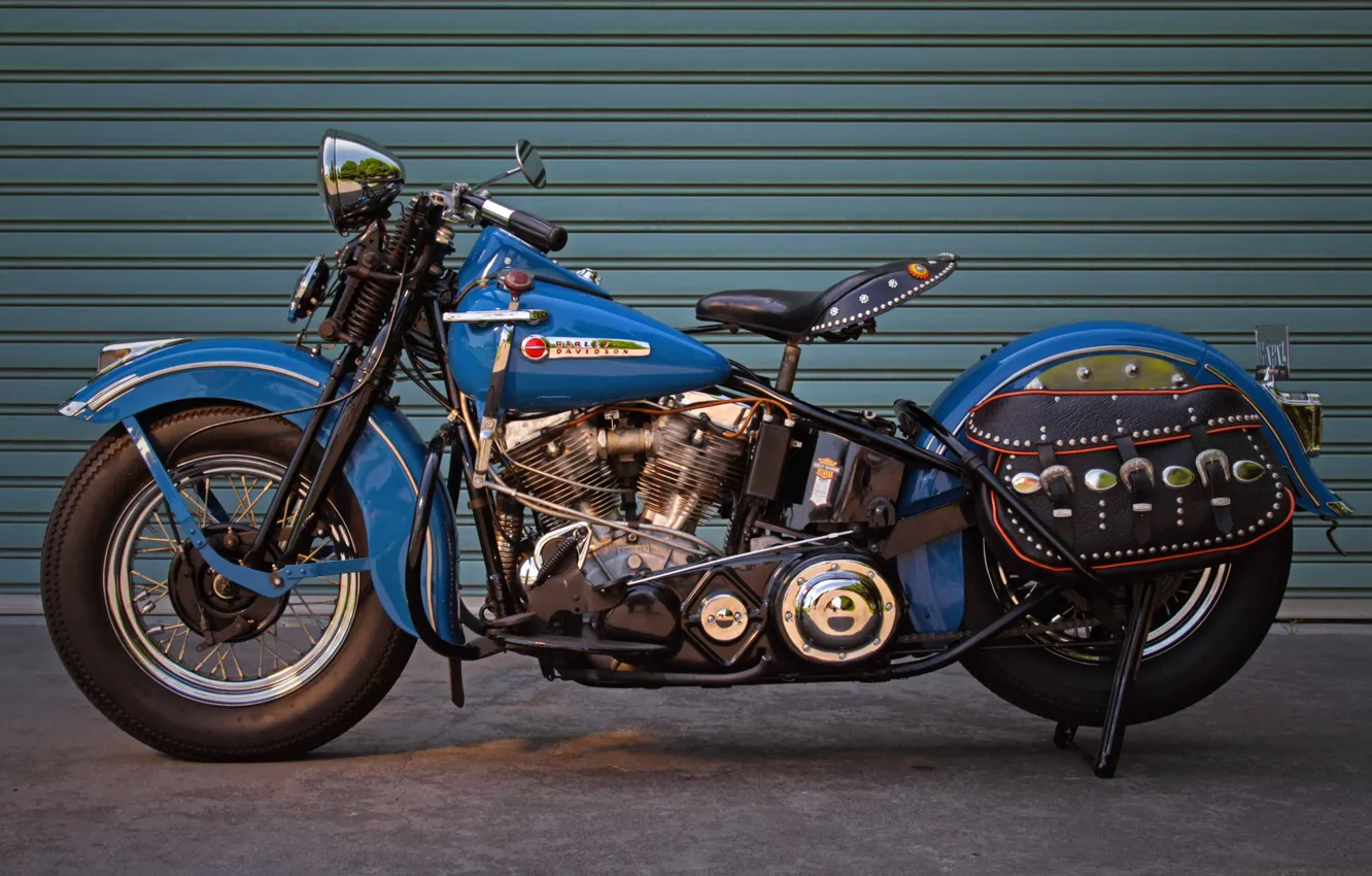 Photo wallpaper Blue, Harley-Davidson, 1948, Motorcycle, Panhead, Old bike, Antique motorcycle