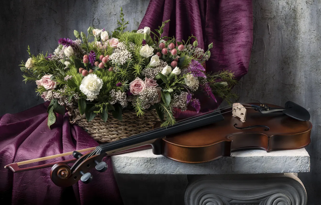 Photo wallpaper flowers, still life, bouquet, music, violin