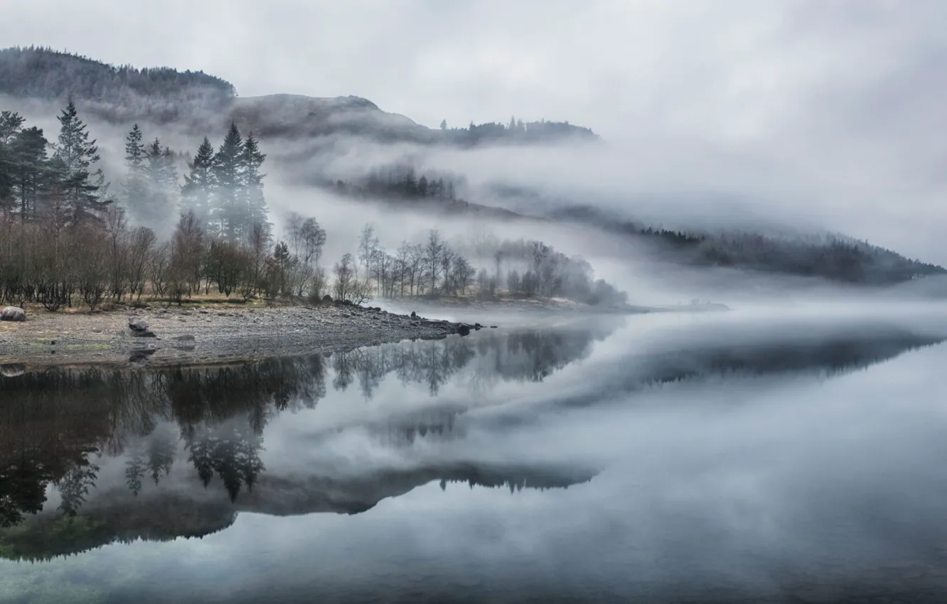 Photo wallpaper the sky, trees, mountains, nature, fog, lake