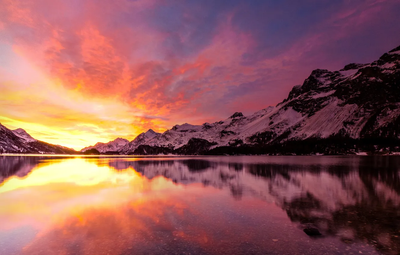 Photo wallpaper winter, landscape, mountains, lake, dawn
