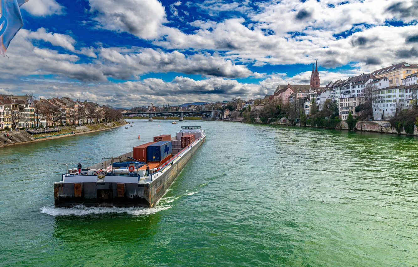 Photo wallpaper the sky, clouds, bridge, river, building, Switzerland, Basel, River court