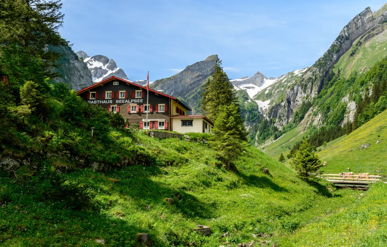 Photo wallpaper Nature, Mountains, Switzerland, House, Alps, Landscape