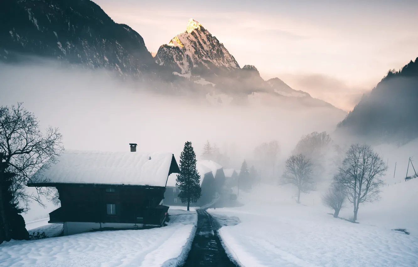 Photo wallpaper mountain, morning, alps, switzerland, mist