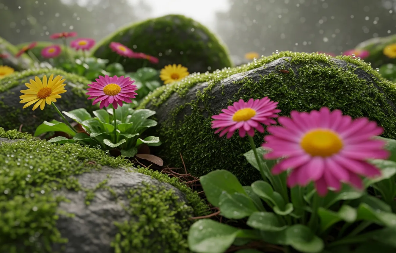 Photo wallpaper flowers, stones, Wallpaper, moss, art, wallpaper, art, flowers