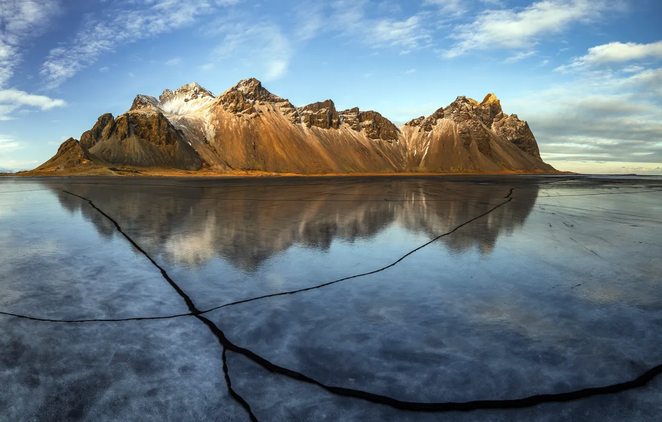 Photo wallpaper ice, Winter, Reflection, iceland, Vestrahorn Cracks