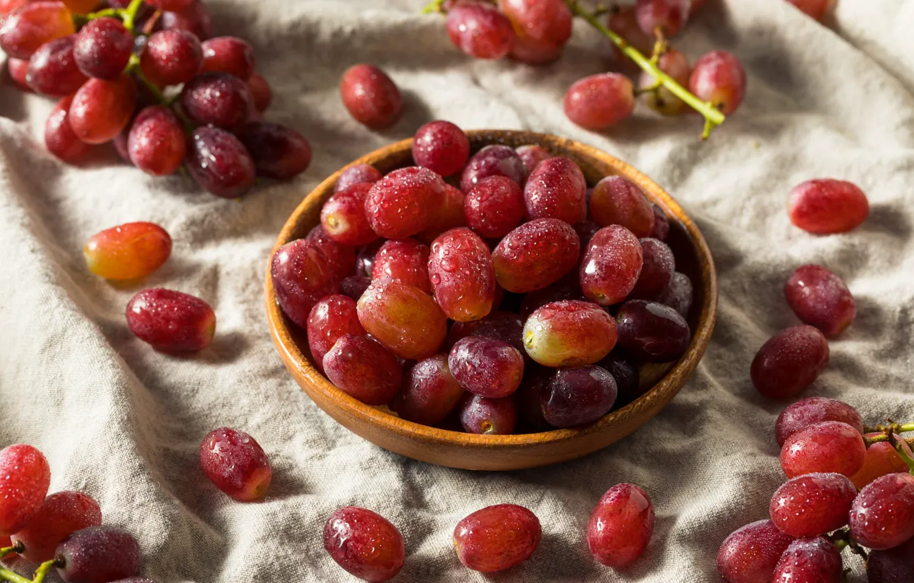 Photo wallpaper drops, red, table, grapes, fabric, bowl, placer, fresh