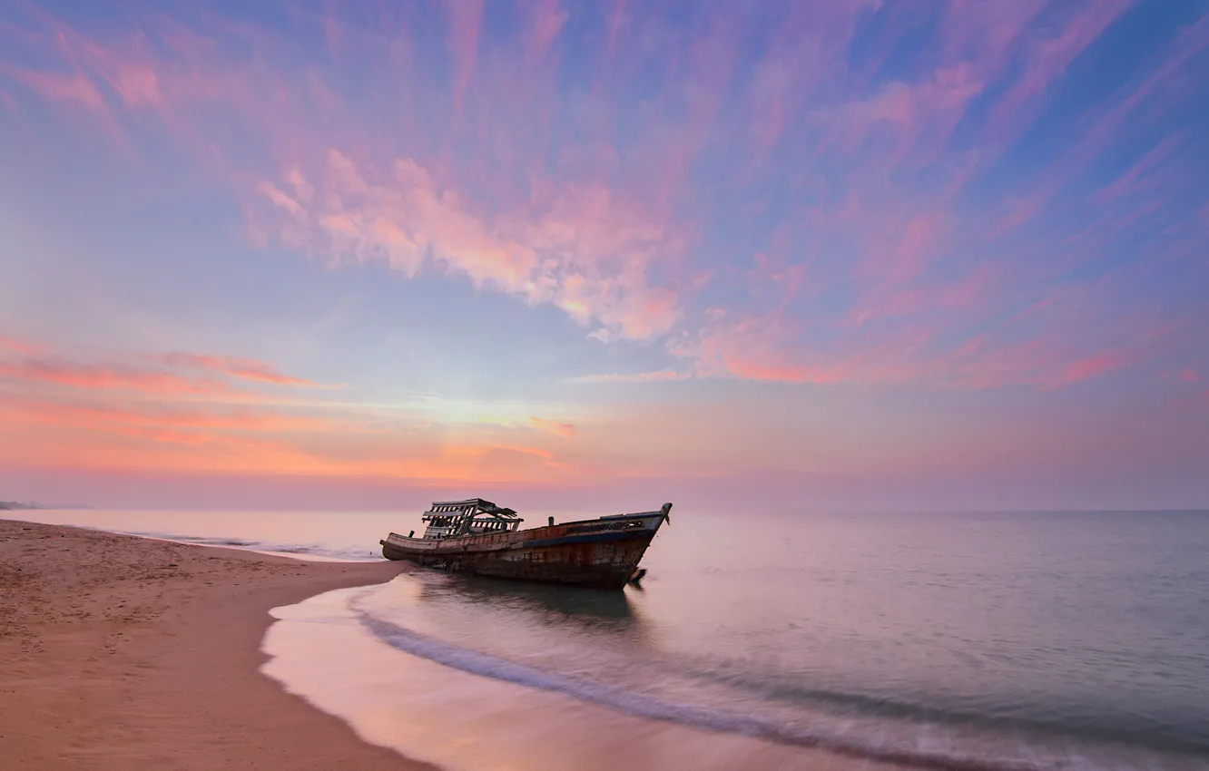 Photo wallpaper sea, wave, beach, summer, the sky, sunset, shore, boat