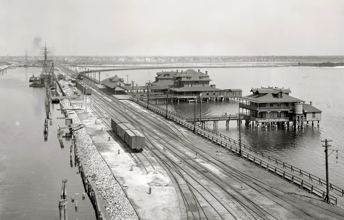 Photo wallpaper retro, ship, train, pierce, USA, 1900-the year