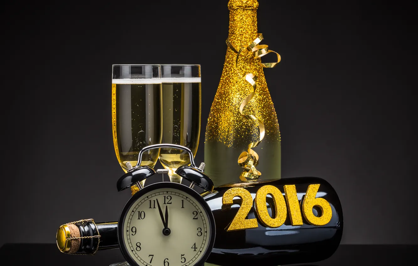 Photo wallpaper watch, bottle, New Year, glasses, golden, champagne, New Year, clock