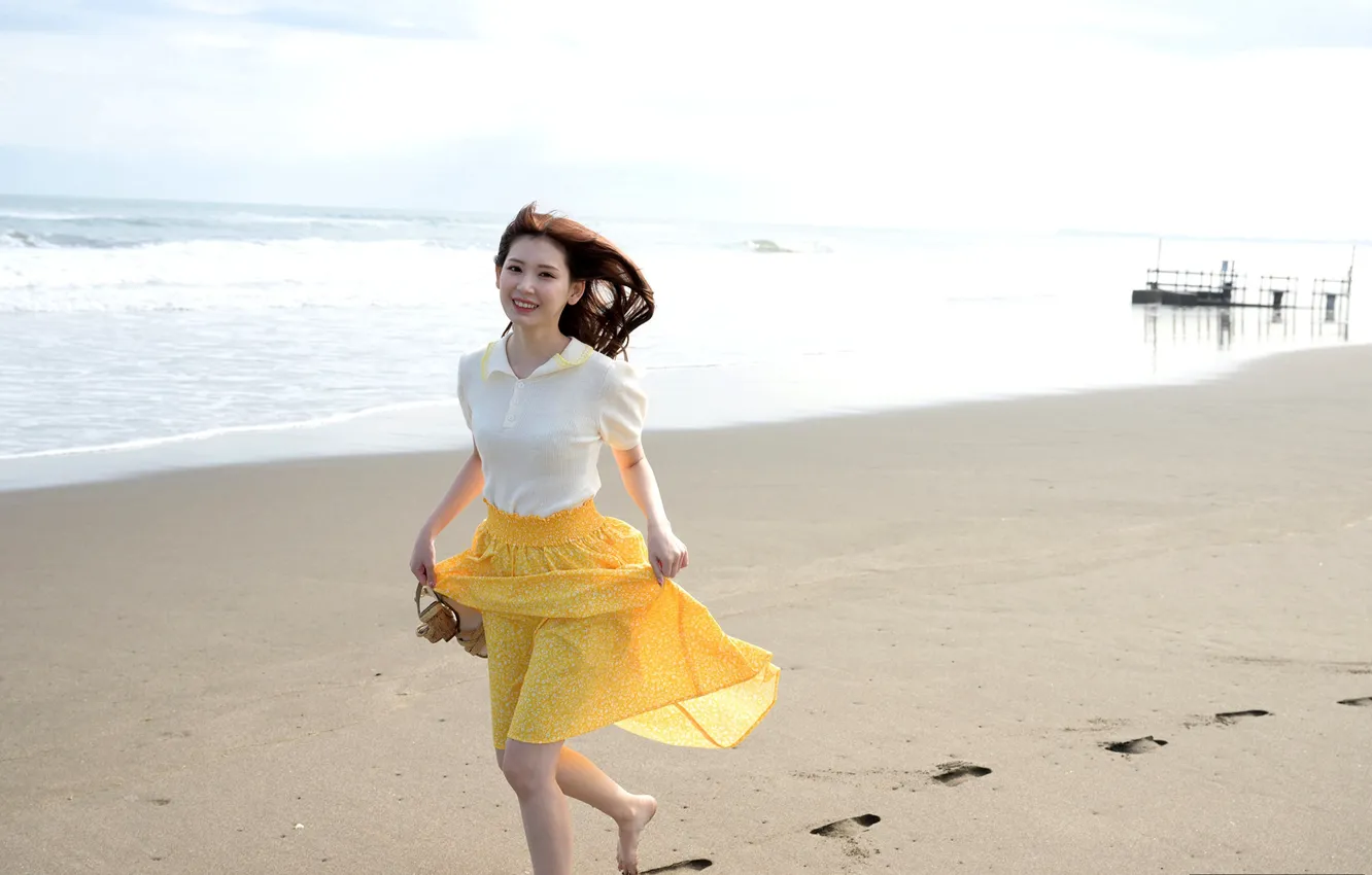 Photo wallpaper beach, woman, model, pretty, shore, asian, japanese, Long Shot