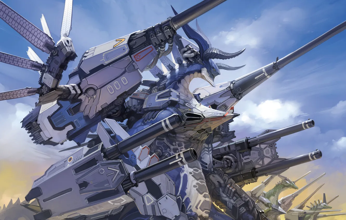 Photo wallpaper clouds, dragon, gun, armor, mechanics