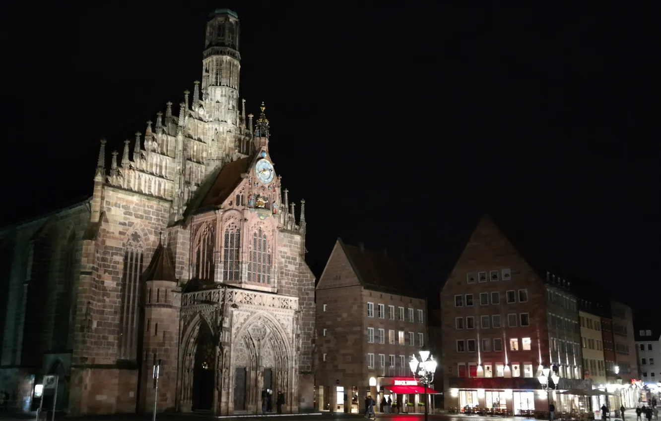 Photo wallpaper night, lights, Germany, Bayern, area, Nuremberg, The Church Of The Virgin Mary, Main Market