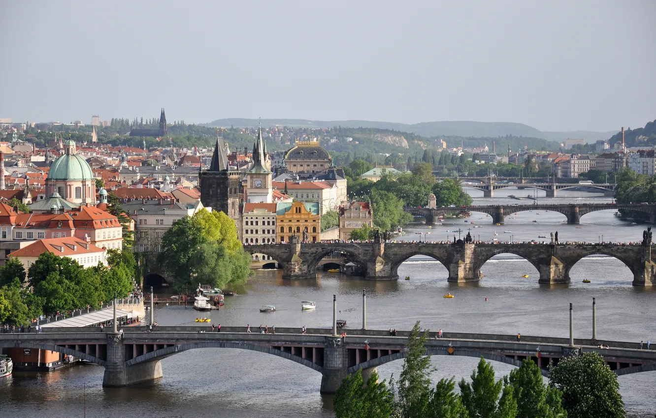 Photo wallpaper bridge, river, home, Prague, Czech Republic, panorama, Vltava