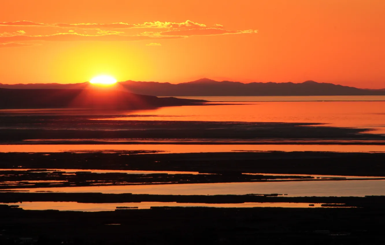 Photo wallpaper landscape, sunset, lake, sunset, The Great Salt Lake