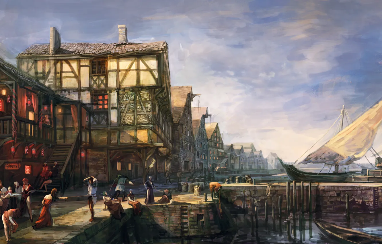 Photo wallpaper the city, boat, people, The Witcher, The Witcher 3: Wild Hunt