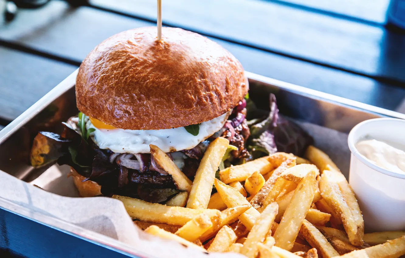 Photo wallpaper eggs, sauce, potatoes, Burger, lettuce, fries