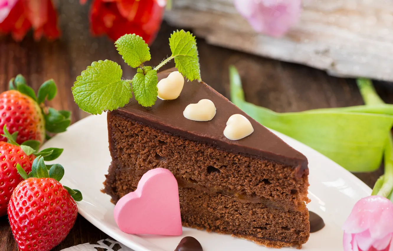 Photo wallpaper flowers, berries, chocolate, strawberry, hearts, tulips, cake, mint