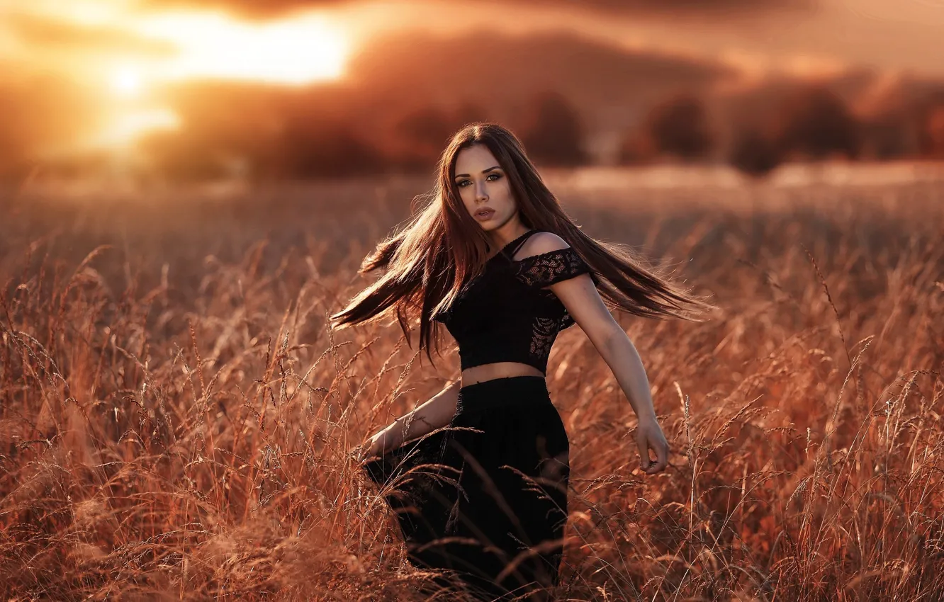 Photo wallpaper field, grass, girl, the sun, nature, pose, skirt, portrait