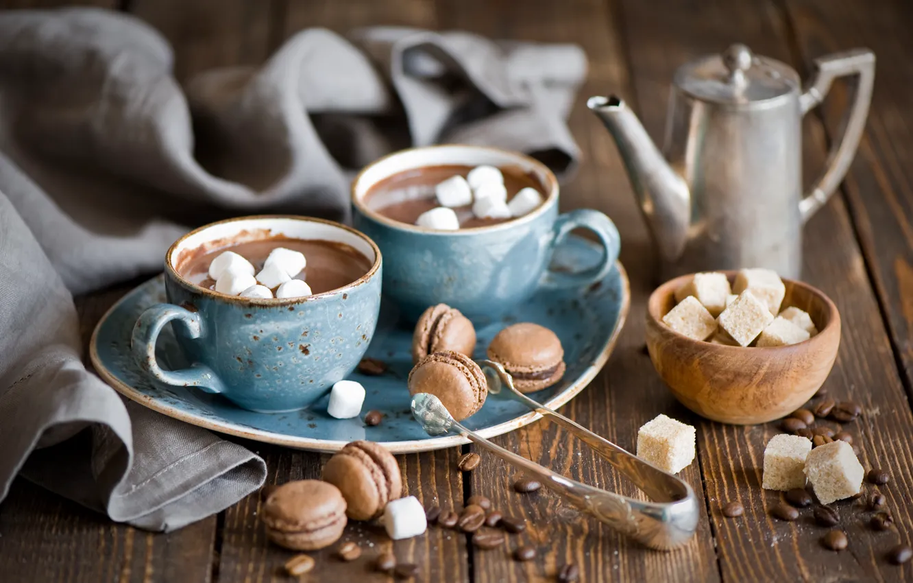 Photo wallpaper kettle, mugs, still life, hot chocolate, pasta, marshmallows, coffee beans