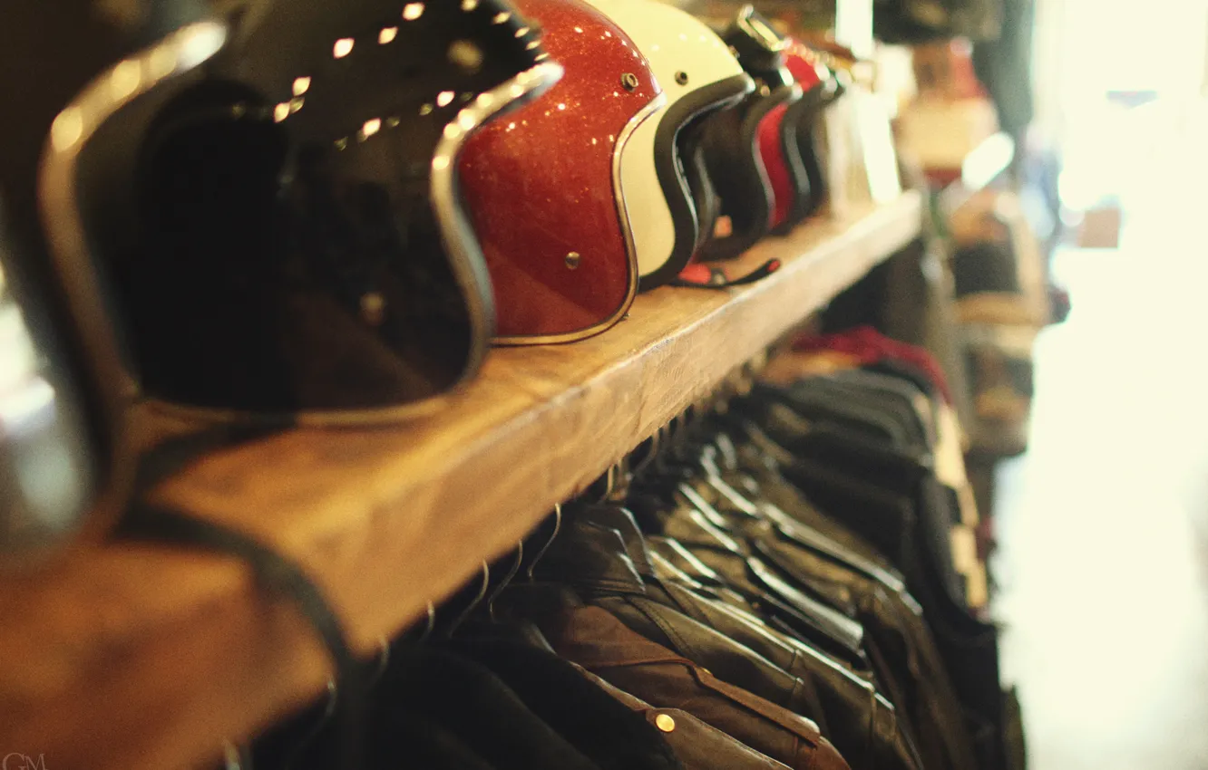 Photo wallpaper style, leather, bokeh, helmets, jacket, bikers, shelf, helms