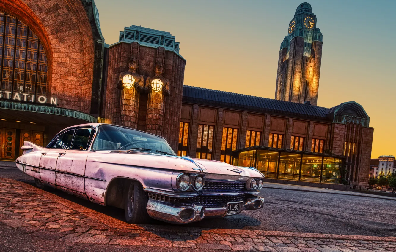 Photo wallpaper night, clock, Helsinki