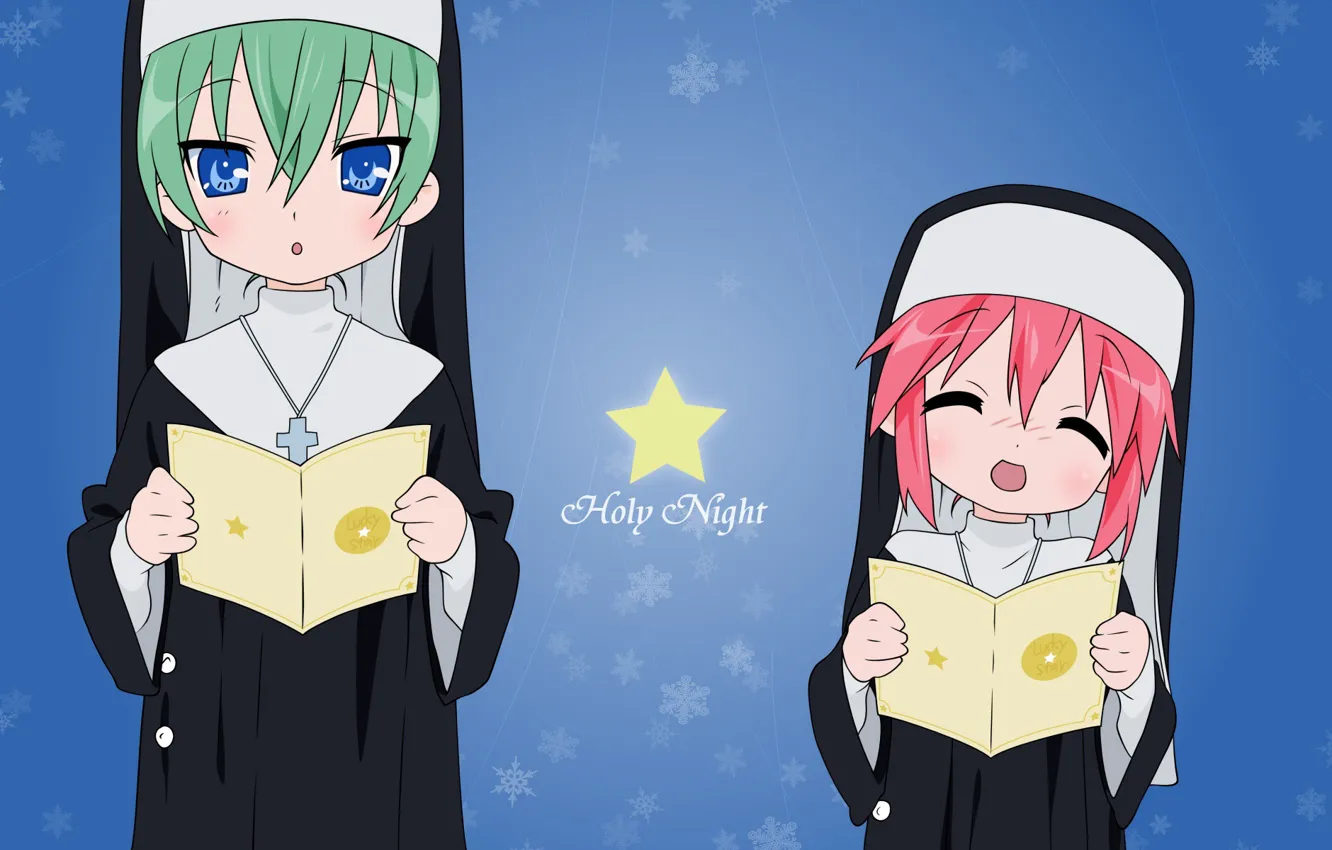 Photo wallpaper snowflakes, two, star, green hair, friend, pink hair, singing, Lucky Star