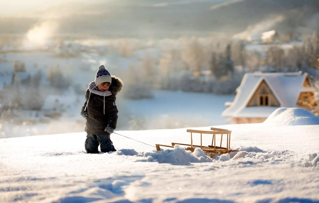 Photo wallpaper winter, snow, boy, sled