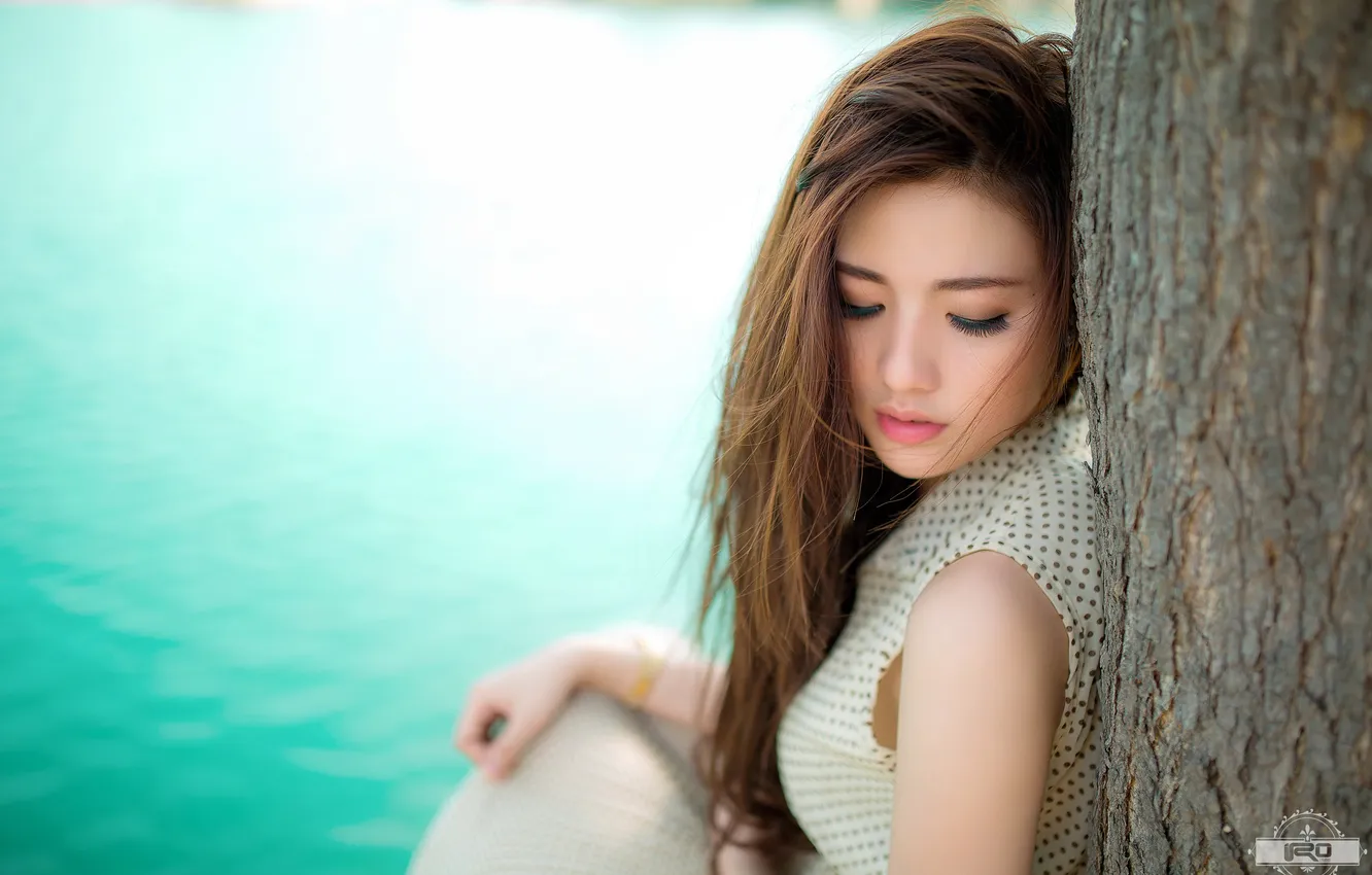 Photo wallpaper trees, pose, model, portrait, makeup, hairstyle, brown hair, Asian