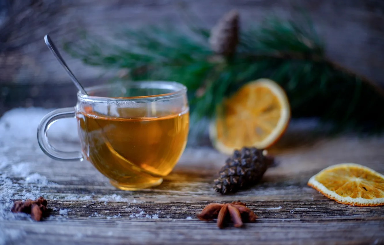 Photo wallpaper tea, orange, drink, cinnamon, bumps, fir-tree branches