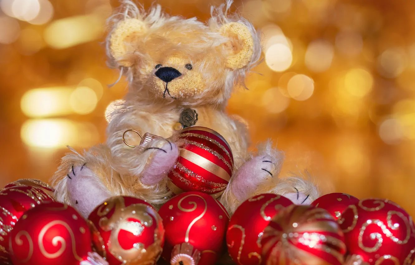 Photo wallpaper glare, background, holiday, balls, New year, bokeh, soft toy