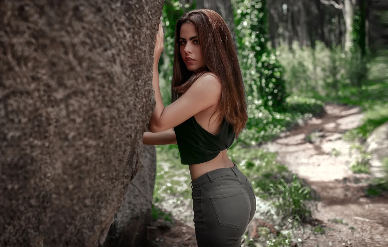 Photo wallpaper forest, look, trees, model, stone, makeup, figure, hairstyle