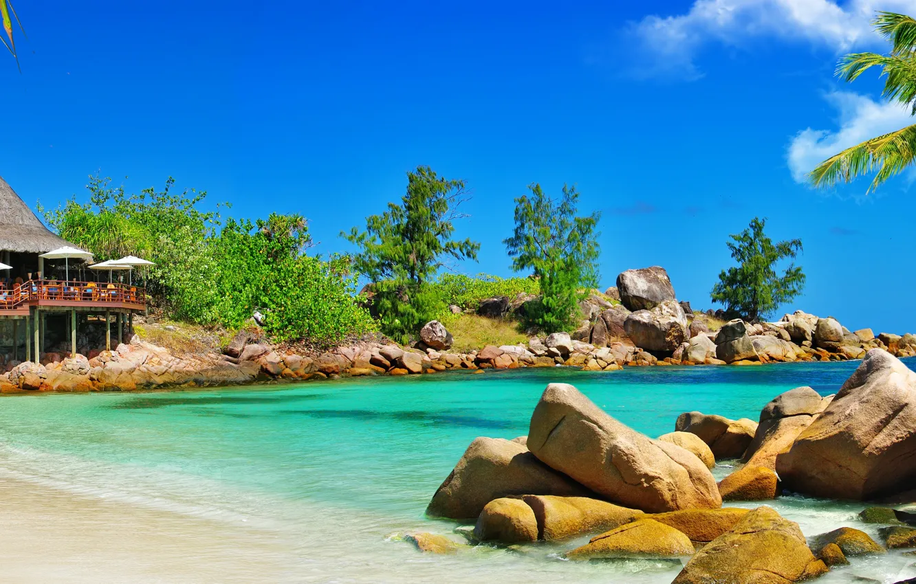 Photo wallpaper sand, sea, beach, palm trees, coast, beach, gazebo, coast