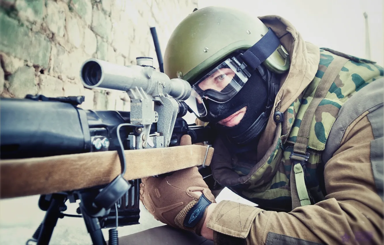 Photo wallpaper mask, soldiers, helmet, sniper, fighter, Russia, SVD, sight