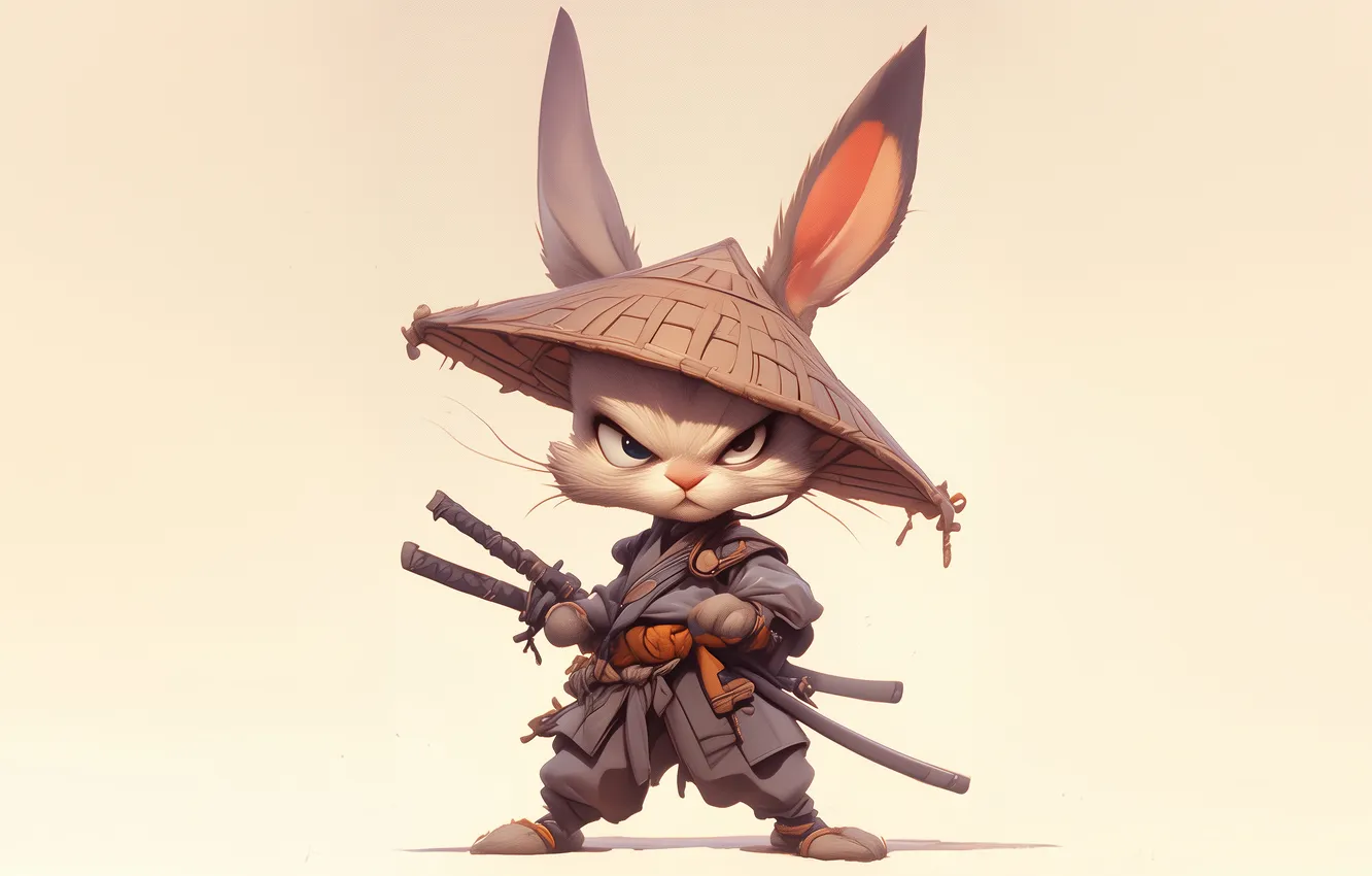 Photo wallpaper rabbit, art, katana, samurai, simple background, rabbit-samurai