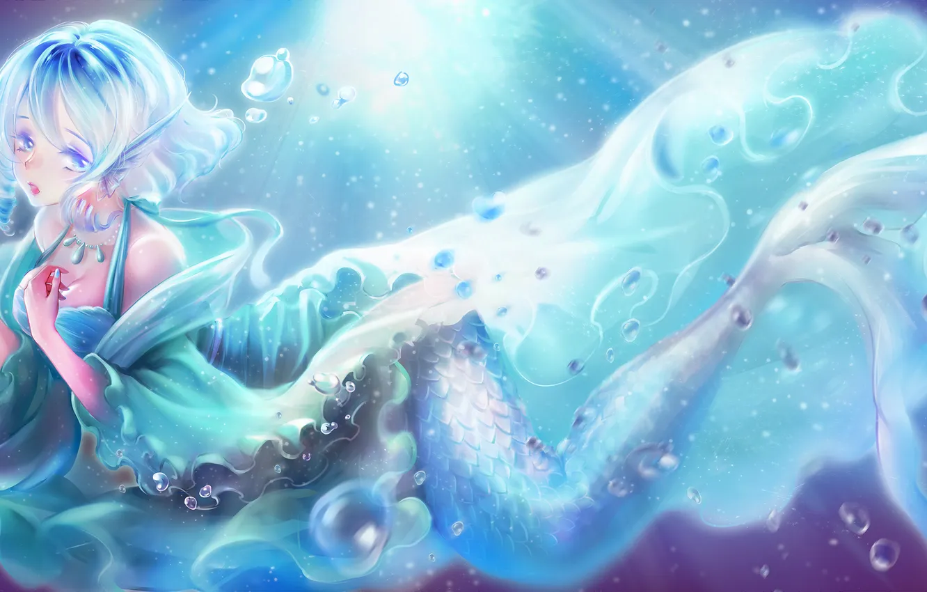 Photo wallpaper water, girl, bubbles, mermaid, art, tail, touhou, sunday haruko