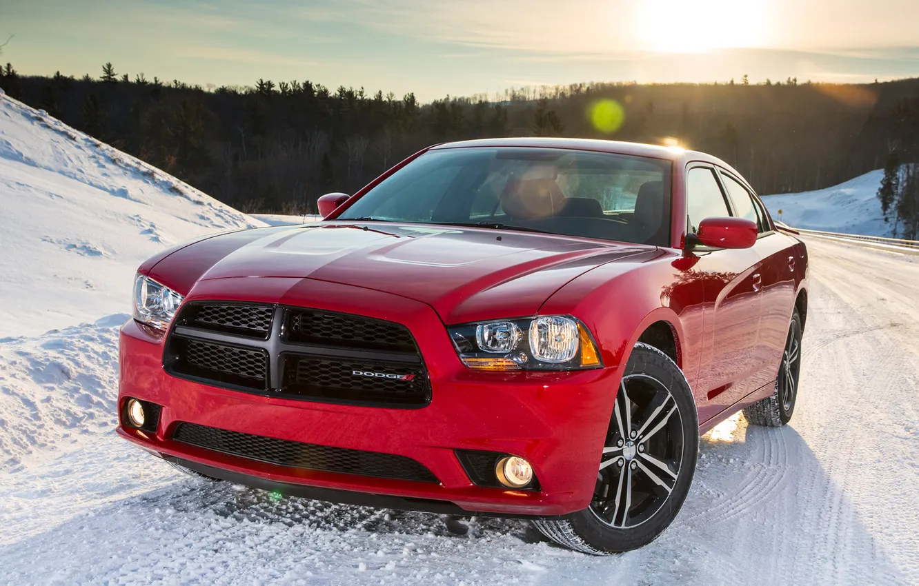 Photo wallpaper machine, the sun, snow, Dodge, sports, Dodge, Charger, the front