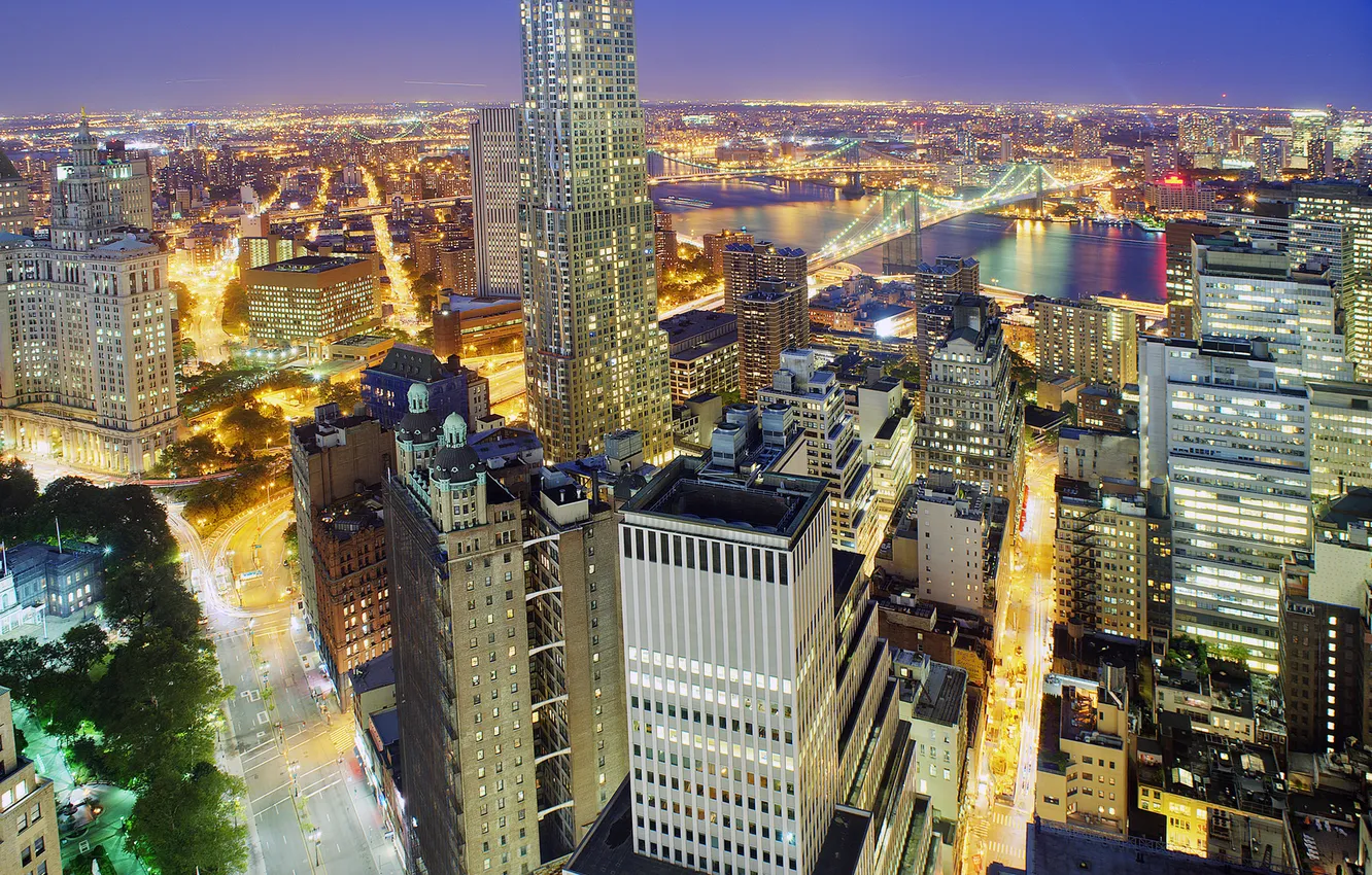 Photo wallpaper night, the city, lights, river, skyscraper, New York, Brooklyn, panorama