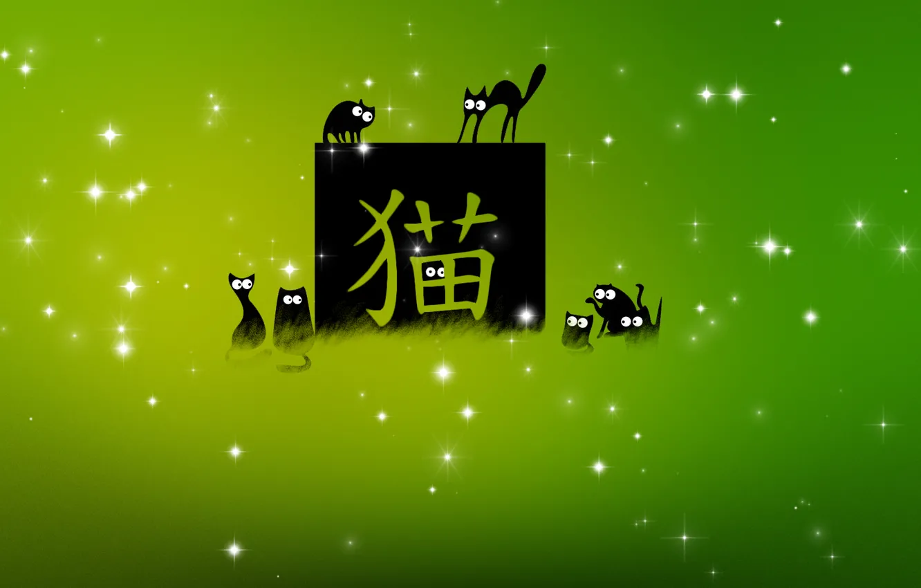Photo wallpaper green, cat, stars, cats