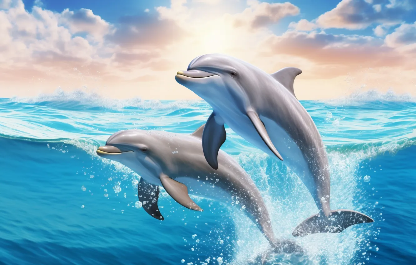 Photo wallpaper sea, jump, dolphins, two, digital art, AI art, The Art of Artificial Intelligence, neural network