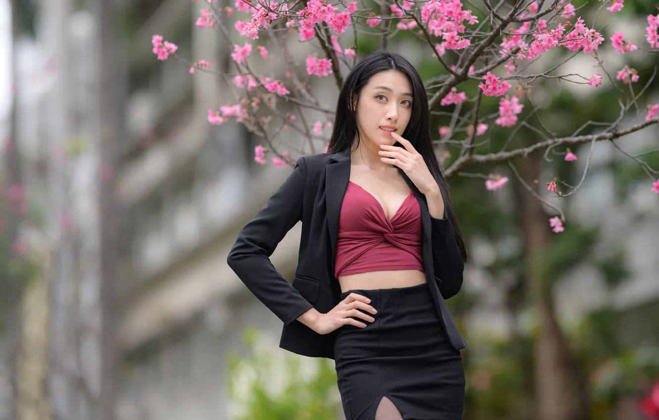 Photo wallpaper girl, pose, skirt, blouse, Asian, jacket
