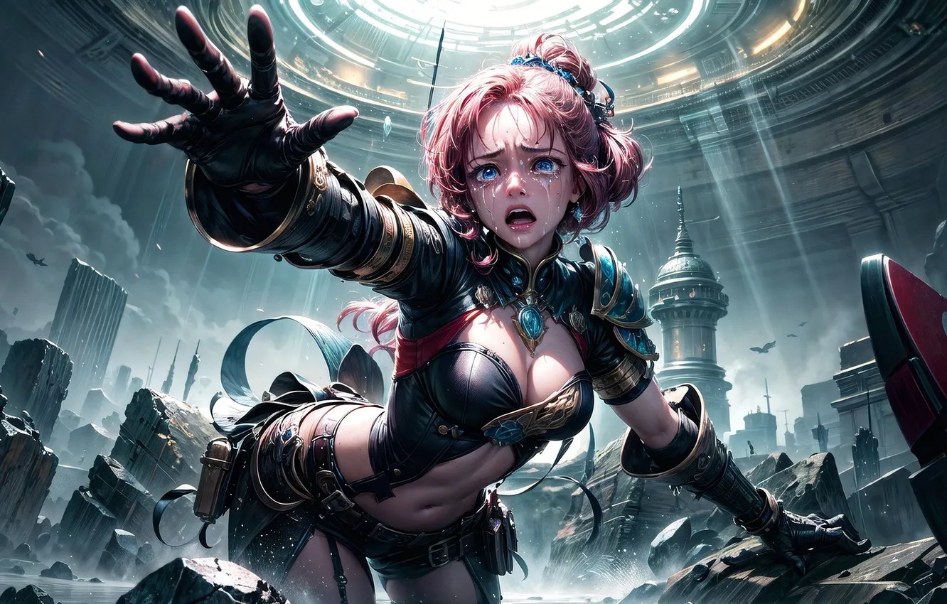 Photo wallpaper girl, fiction, tears, ruins