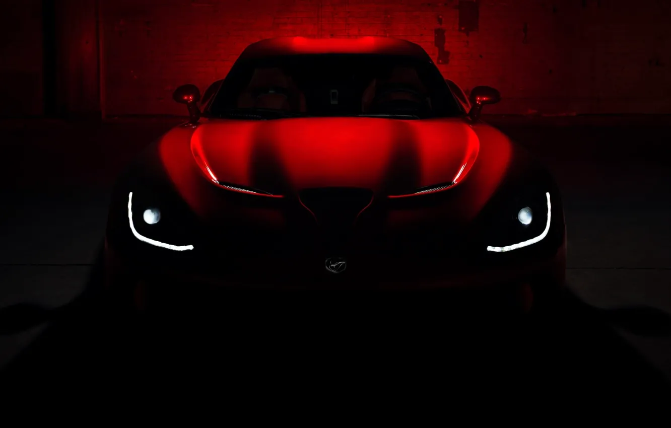 Photo wallpaper roof, red, darkness, lights, the hood, Dodge, Dodge, supercar